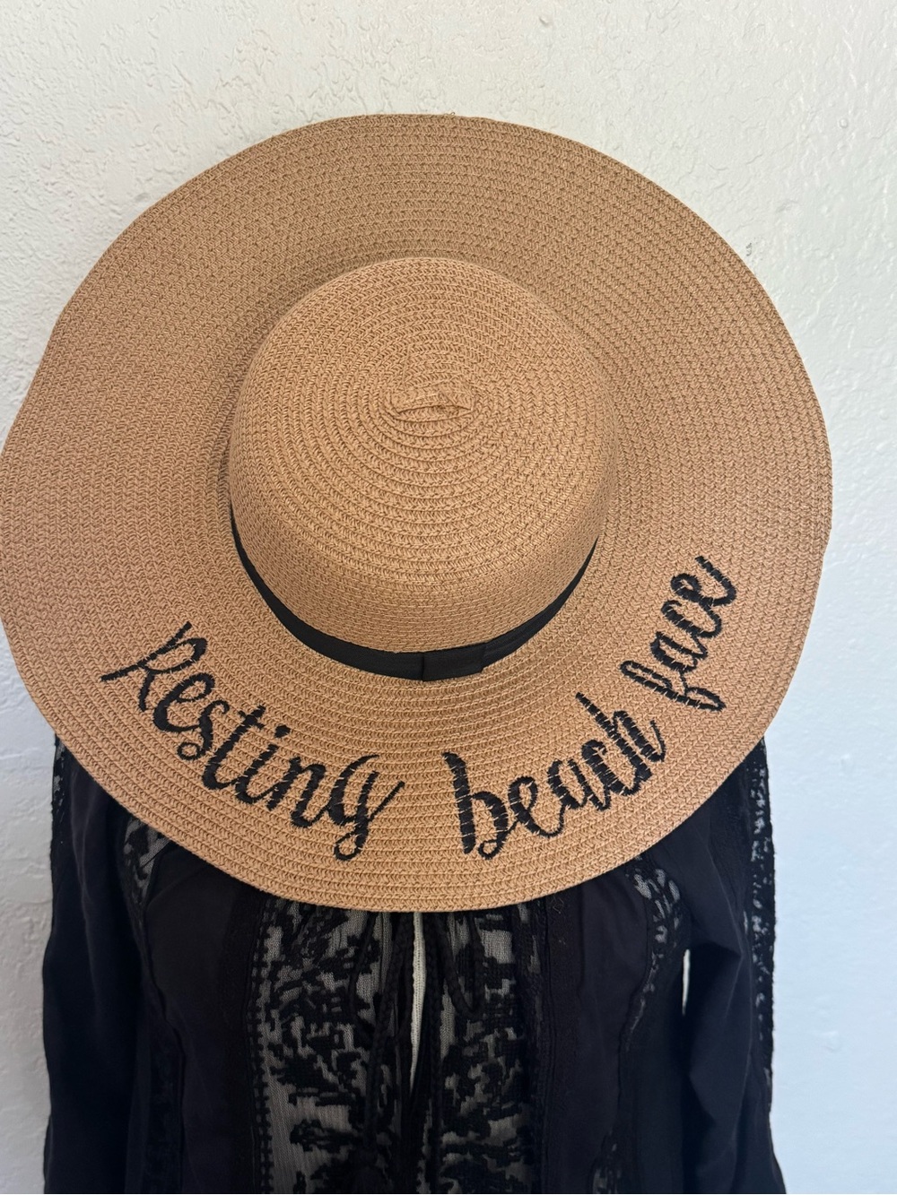 Wide Brim Straw Sun Hat - Tan with Black Script